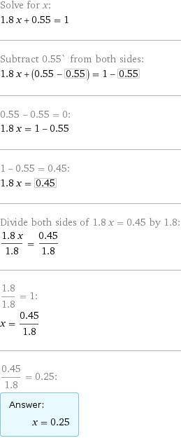 Решите уравнение: 7,2x-5,4x+0,55=1