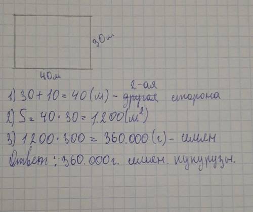 Одна сторона земельного участка прямоугольной формы равна 30 м, и она на 10 м короче другой. Участок