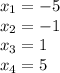 x_1=-5\\x_2=-1\\x_3=1\\x_4=5