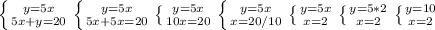 \left \{ {{y=5x} \atop {5x+y=20}} \right. \left \{ {{y=5x} \atop {5x+5x=20}} \right.\left \{ {{y=5x} \atop {10x=20}} \right.\left \{ {{y=5x} \atop {x=20/10}} \right. \left \{ {{y=5x} \atop {x=2}} \right. \left \{ {{y=5*2} \atop {x=2}} \right. \left \{ {{y=10} \atop {x=2}} \right.