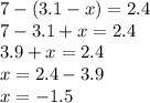 7-(3.1-x)=2.4\\7-3.1+x=2.4\\3.9+x=2.4\\x=2.4-3.9\\x=-1.5