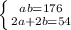 \left \{ {{ab = 176} \atop {2a + 2b = 54}} \right.