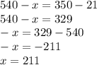 540-x=350-21\\540-x=329\\-x=329-540\\-x=-211\\x=211