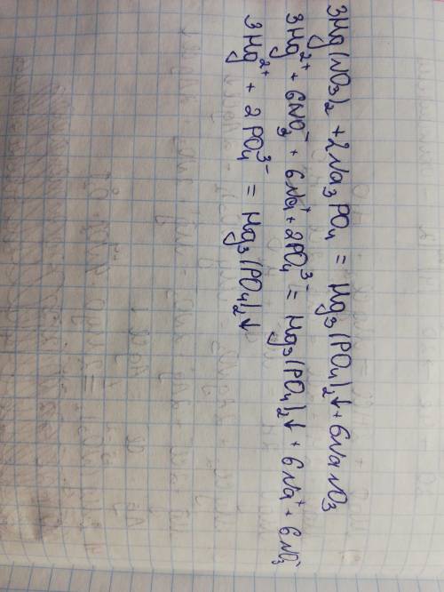 Напишите полное ионное и сокращенное уравнение Hg(NO3)2 -> Hg3(PO4)2