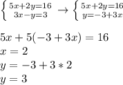 \left \{ {{5x+2y=16} \atop {{3x-y=3}} \right. \to \left \{ {{5x+2y=16} \atop {{y=-3+3x}} \right. \\\\5x+5(-3+3x)=16\\x=2\\y=-3+3*2\\y=3