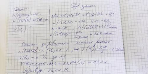 Який об’єм водню утвориться при взаємодії натрію з розчином етанолу масою 100 г з масовою часткою ки