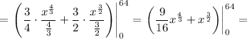 =\left\left(\dfrac{3}{4}\cdot\dfrac{x^{\frac{4}{3}}}{\frac{4}{3}} +\dfrac{3}{2}\cdot\dfrac{x^{\frac{3}{2}}}{\frac{3}{2}} } \right)\right|^{64}_0=\left\left(\dfrac{9}{16}x^{\frac{4}{3}} +x^{\frac{3}{2}} } \right)\right|^{64}_0=