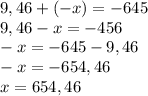 9,46+(-x)=-645\\9,46-x=-456\\-x=-645-9,46\\-x=-654,46\\x=654,46