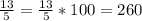 \frac{13}{5}=\frac{13}{5}*100 = 260%