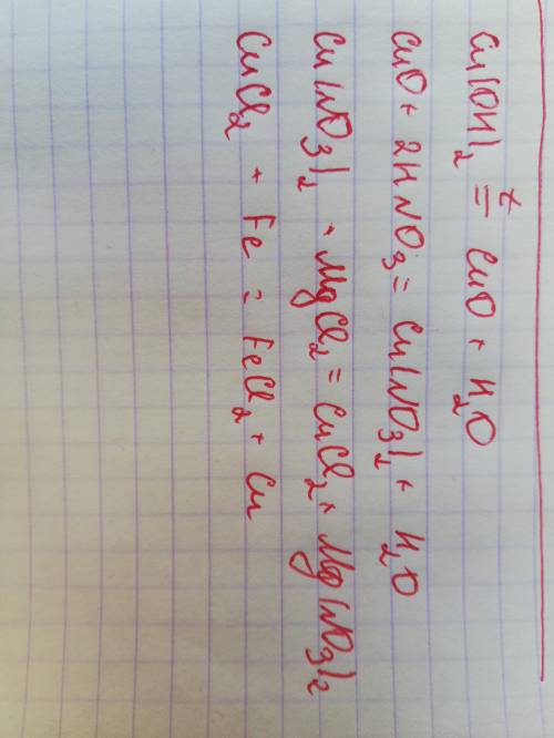 Написать уравнения реакций, с которых можно осуществить следующие превращения: Cu(Oh)2 -- CuO -- Cu(