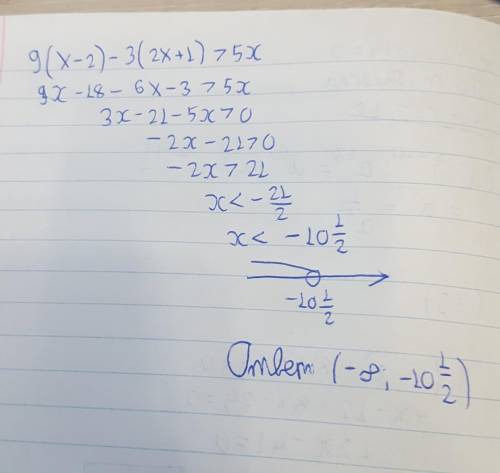 1. Решите неравенство: 9(х – 2) – 3(2х + 1) > 5х