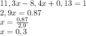 11,3x -8,4x+0,13=1 \\2,9x = 0.87\\x= \frac{0,87}{2,9} \\x = 0,3