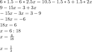 6*1.5-6*2.5x=10.5-1.5*5+1.5*2x\\9-15x=3+3x\\-15x-3x=3-9\\-18x=-6\\18x=6\\x=6:18\\x=\frac{6}{18}\\\\ x=\frac{1}{3}