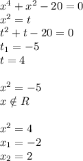 x^4 + x^2 - 20 = 0\\x^2=t\\t^2+t-20=0\\t_1=-5\\t=4\\\\x^2=-5\\x\notin R\\\\x^2=4\\x_1=-2\\x_2=2