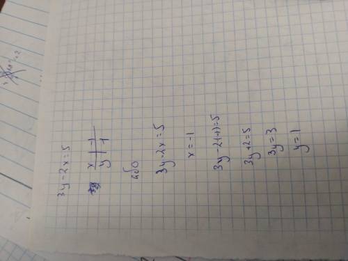 На графіку рівняння 3y – 2x = 5 взято точку з абсцисою –1. Знайдіть ординату цієї точки.