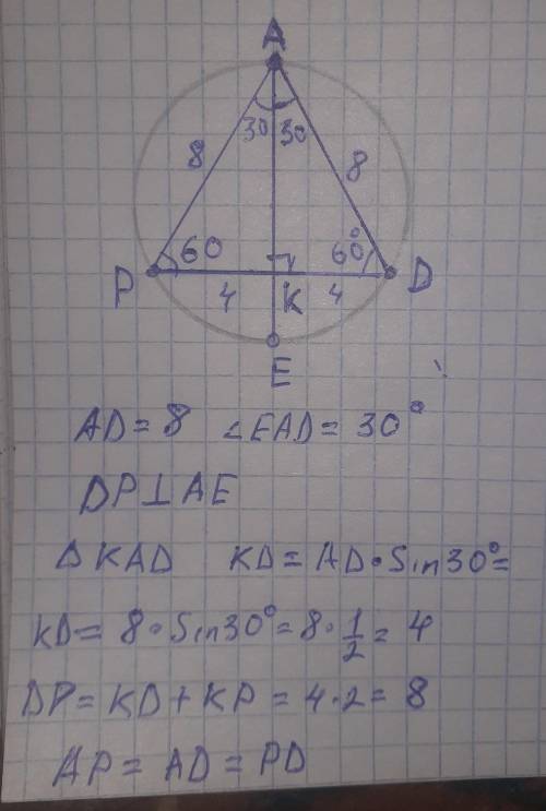Шеңбер бойында жататын A нүктесі арқылы AЕ диаметрі мен AД хордасы жүргізілген. AД =8 және ЕAД =30°.