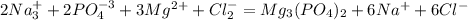 2Na_{3} ^{+}+ 2PO_{4} ^{-3} + 3Mg^{2+}+Cl_{2} ^{-} = Mg_{3}(PO_{4}) _{2} + 6Na^{+}+ 6Cl^{-}