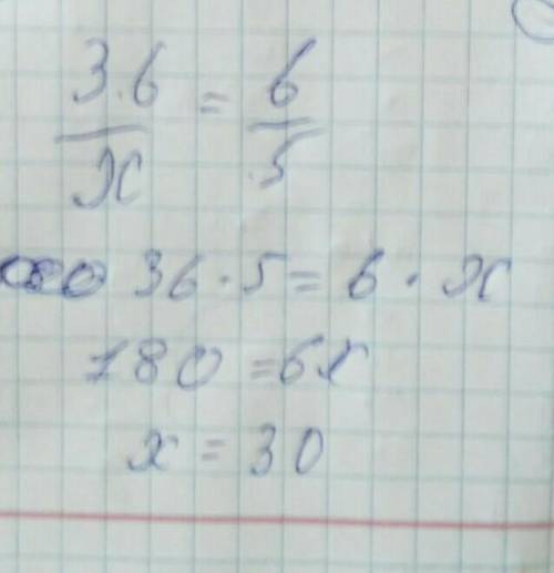 Поставлю ів знайдіть невідомий член пропорції 36/× = 6/5