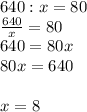 640:x=80\\\frac{640}{x}=80\\ 640=80x\\80x=640\\\\x=8\\