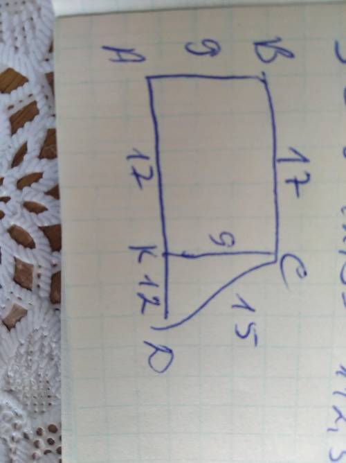 Менша основа прямокутної трапеції дорівнює 17 см, а бічні сторони 9 см і 15 см. Знайдіть площу трапе