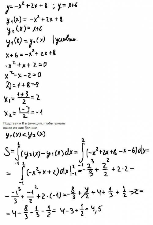 Y=-x^2+2x+8 та y=x+6 Обчислити площю фигури, обмежену линиями