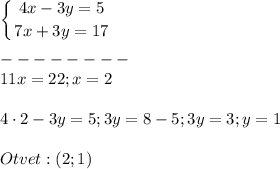 \displaystyle\\\left \{ {{4x-3y=5} \atop {7x+3y=17}} \right. \\\\--------\\11x=22;x=2\\\\4\cdot2-3y=5;3y=8-5;3y=3;y=1\\\\Otvet:(2;1)