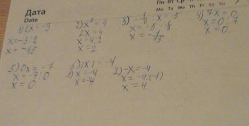 Решите уравнения: 1) 2x = -3 2) x² = 4 3) - 1/3:x = - 5 4) 7x = 0 5) Ox = - 7 6) | x| = - 4