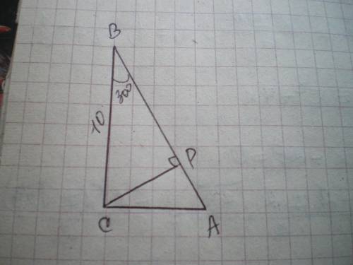 СР висота трикутника АВС (кут С= 90). Знайдіть СР, якщо СВ= 10 см, кут АВС= 30