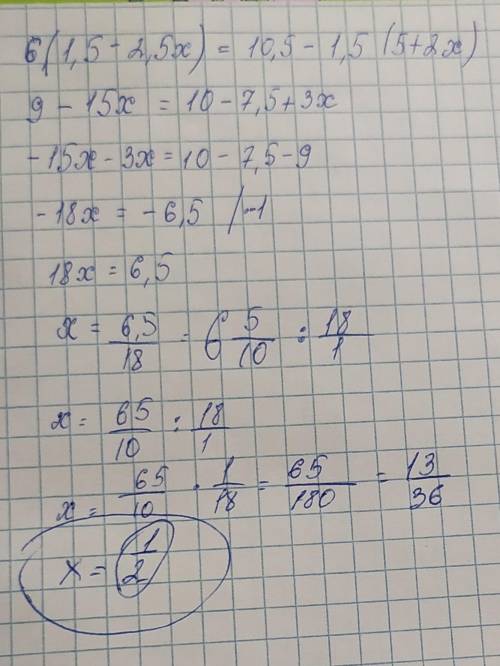 Розв'яжіть рівняння: 6(1, 5-2, 5x) =10, 5-1, 5(5+2x) Будь-ласка до ть!