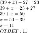 (39+x)-27=23\\39+x=23+27\\39+x=50\\x=50-39\\x=11\\OTBET: 11