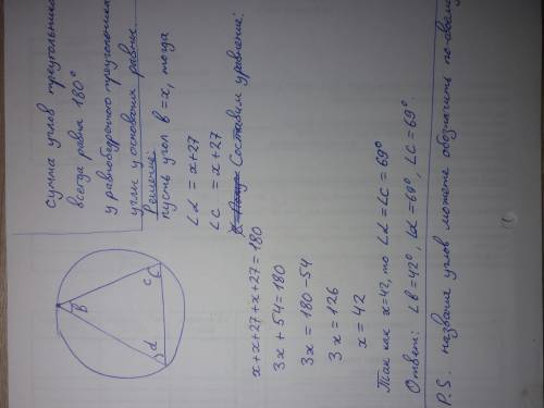 Умоляю за подробный ответ и рисунок 7 класс Знайти кути рівнобедреного трикутника, вписаного у коло,