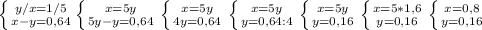 \left \{ {{y/x=1/5} \atop {x-y=0,64}} \left \{ {{x=5y} \atop {5y-y=0,64}} \right.\left \{ {{x=5y} \atop {4y=0,64}} \right.\left \{ {{x=5y \atop {y=0,64:4}} \right. \left \{ {{x=5y} \atop {y=0,16}} \right. \left \{ {{x=5*1,6} \atop {y=0,16}} \right. \left \{ {{x=0,8} \atop {y=0,16}} \right.