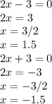 2x-3=0\\2x=3\\x=3/2\\x=1.5\\2x+3=0\\2x=-3\\x=-3/2\\x=-1.5