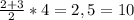 \frac{2+3}{2} *4=2,5=10