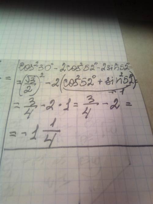 Найти значение выражения cos²30°-2cos²52°-2sin²52°=