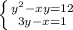 \left \{ {{y^2-xy=12} \atop {3y-x=1}} \right.