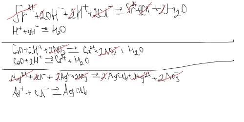 Закончите уравнения, запишите их в ионном и сокращенном виде: Sr(OH)2+ HCl → CaO + HNO3→ MgCl2 + AgN