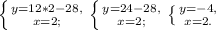 \left \{ {{y=12*2-28,} \atop {x=2;}} \right. \left \{ {{y=24-28,} \atop {x=2;}} \right. \left \{ {{y=-4,} \atop {x=2.}} \right.