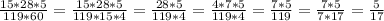 \frac{15*28*5}{119*60}=\frac{15*28*5}{119*15*4}=\frac{28*5}{119*4}=\frac{4*7*5}{119*4}=\frac{7*5}{119}=\frac{7*5}{7*17}=\frac{5}{17}