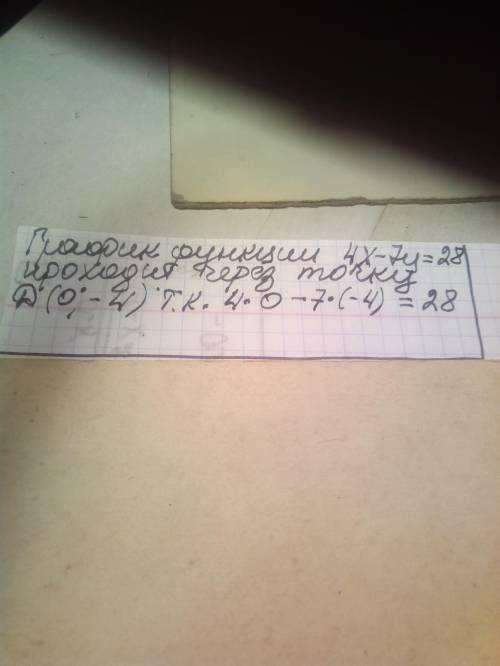 Через яку з даних точок проходить графік рівняння. 4x-7y=28A(8;1)B(4;-2)C(-7;0)D(0;-4)​