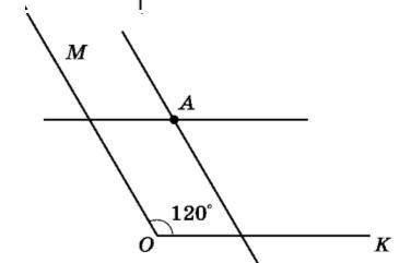 С транспортира постройте угол МОР равный 120 градусов.
