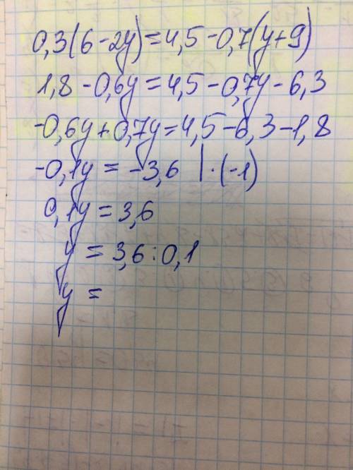 Знайдіть число, протилежне кореню рівняння: 0,3(6 - 2у) = 4,5 - 0,7(у + 9).