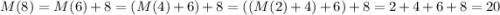 M(8)=M(6)+8=(M(4)+6)+8=((M(2)+4)+6)+8=2+4+6+8=20