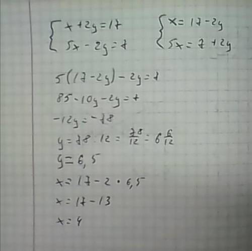 Решите систему уравнений :x+2y=175x-2y=7x=y=? ​