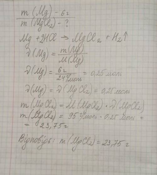 Яка маса магній хлориду утвориться при взаємодії магнію масою 6 грам з холодною кислотою ?