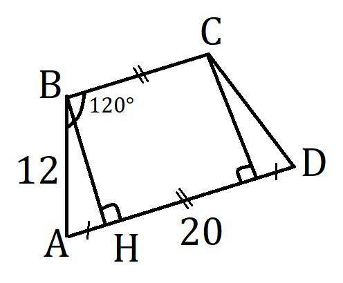 геометрия 8 клас найти площадь равносторонней трапеции если большая основа равна 20 а боковая сторо