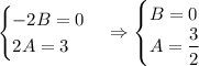 \begin{cases} -2B=0\\ 2A=3\end{cases} \Rightarrow \begin{cases} B=0\\ A=\dfrac{3}{2} \end{cases}