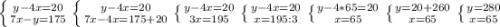 \left \{ {{y-4x=20} \atop {7x-y=175}} \right. \left \{ {{y-4x=20} \atop {7x-4x=175+20}} \right. \left \{ {{y-4x=20} \atop {3x=195}} \right.\left \{ {{y-4x=20} \atop {x=195:3}} \right. \left \{ {{y-4*65=20} \atop {x=65}} \right. \left \{ {{y=20+260} \atop {x=65}} \right. \left \{ {{y=280} \atop {x=65}} \right.