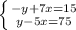 \left \{ {{-y+7x=15} \atop {y-5x=75}} \right.