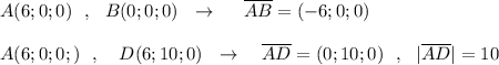 A(6;0;0)\ \ ,\ \ B(0;0;0)\ \ \to \ \ \ \ \overline {AB}=(-6;0;0)\\\\A(6;0;0;)\ \ ,\ \ \ D(6;10;0)\ \ \to \ \ \ \overline{AD}=(0;10;0)\ \ ,\ \ |\overline{AD}|=10